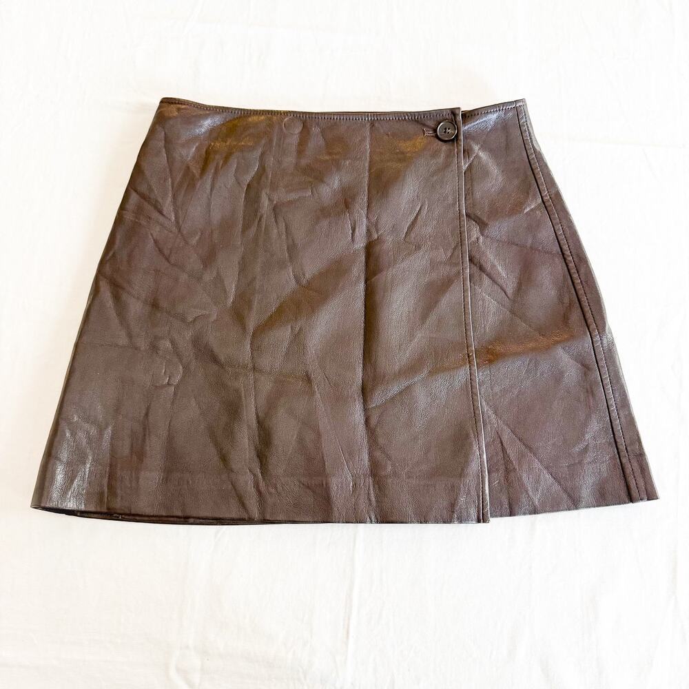 Aritzia Babaton Chocolate Brown Faux Leather Mini Wrap Skirt Size 6
